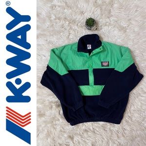 Vintage K-WAY Polartek 1990s navy fleece & green nylon half zip pullover, small